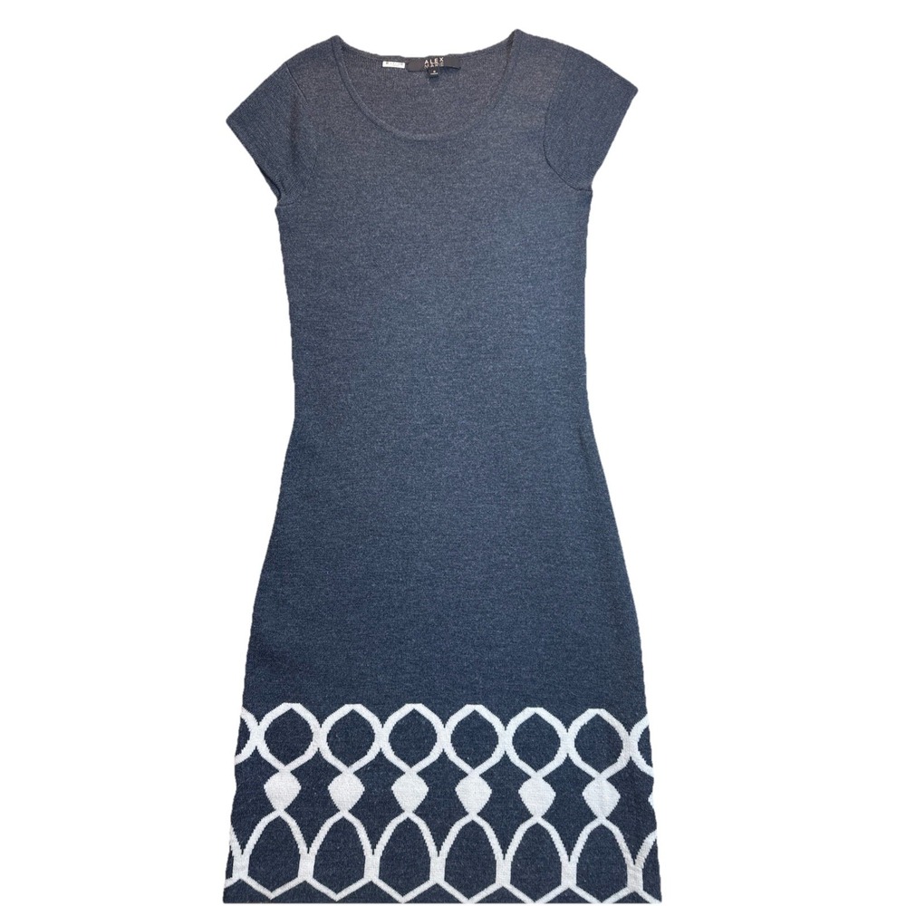 Alex‎ Marie 100% Merino Wool Midi Dress Sz S Bodycon Cap Slv Grey Geo Retro 80s - Picture 2 of 4